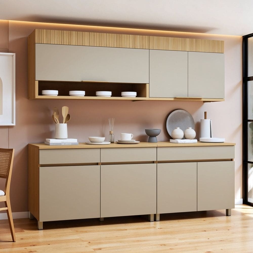 Cozinha Completa Modulada 4 Peças 7 Portas 3 Gavetas 100% Mdf Realeza Premium Carvalho/Greige