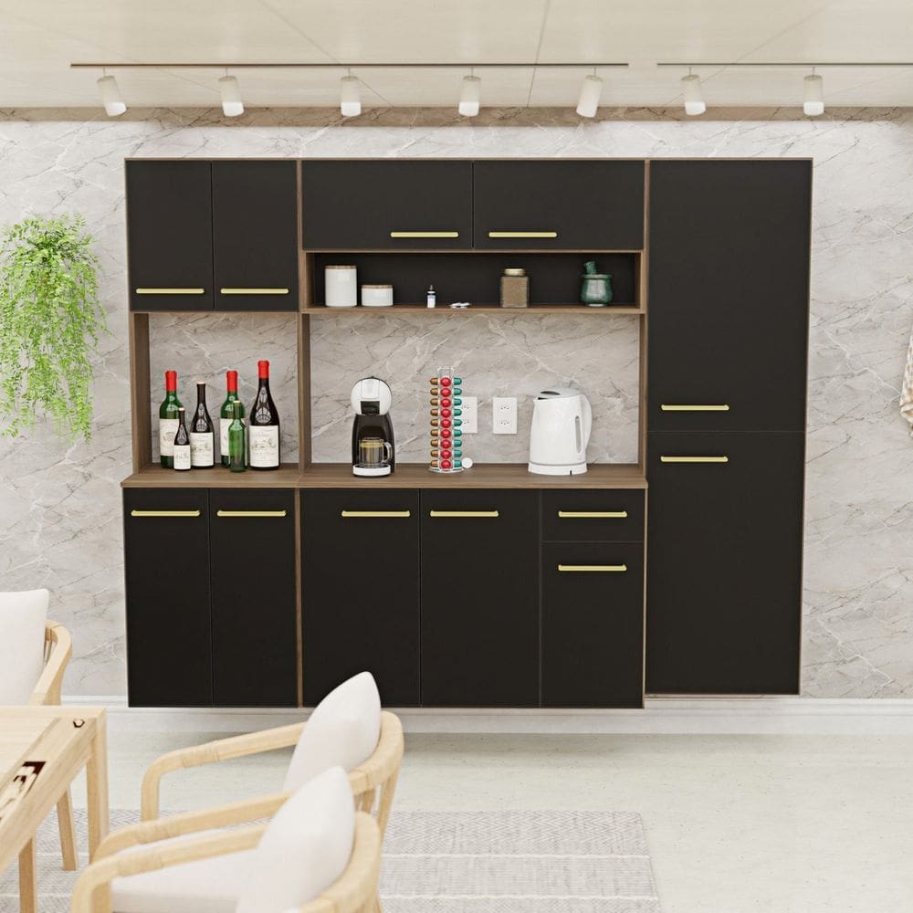 Cozinha Modulada Completa Compacta Torre Quente Armário Aéreo e Balcão Auxiliar Aura Nogal/Preto