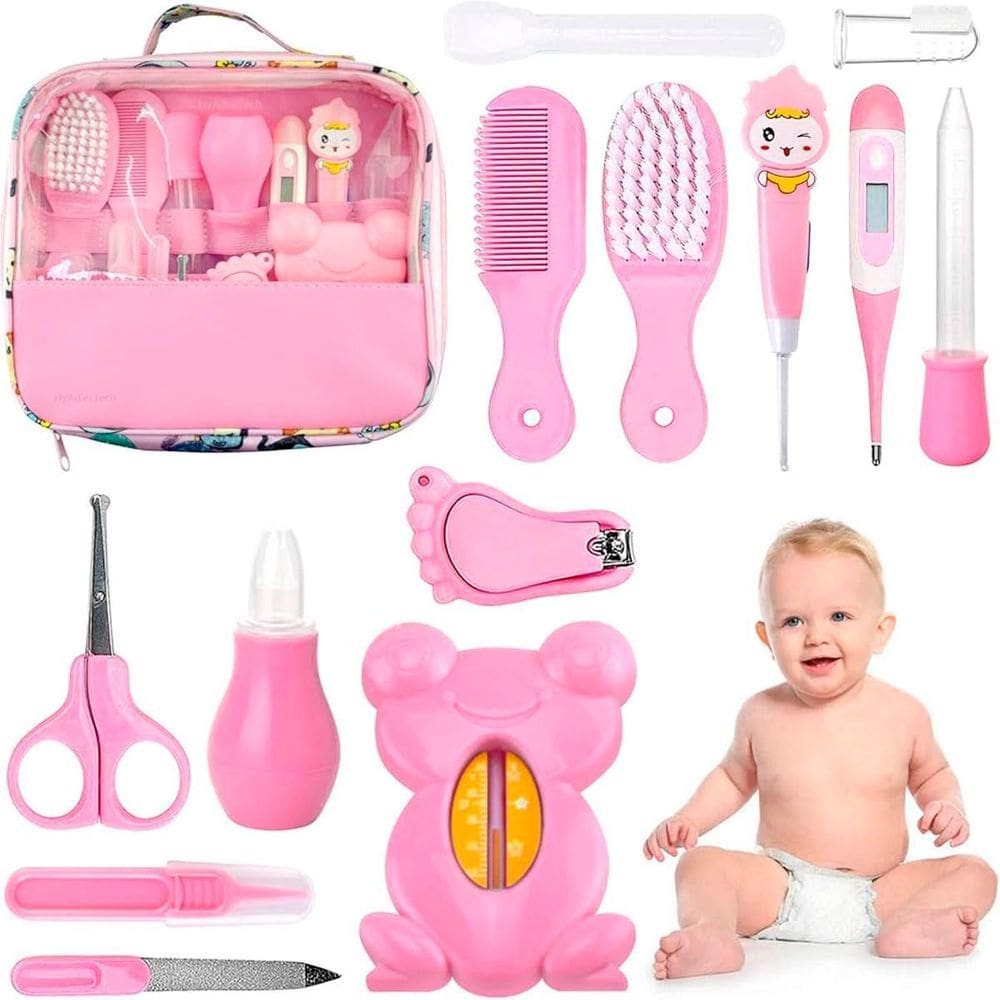 Kit Higiene Bebê Rosa Bolsa Tesoura Colher Cortador Unha
