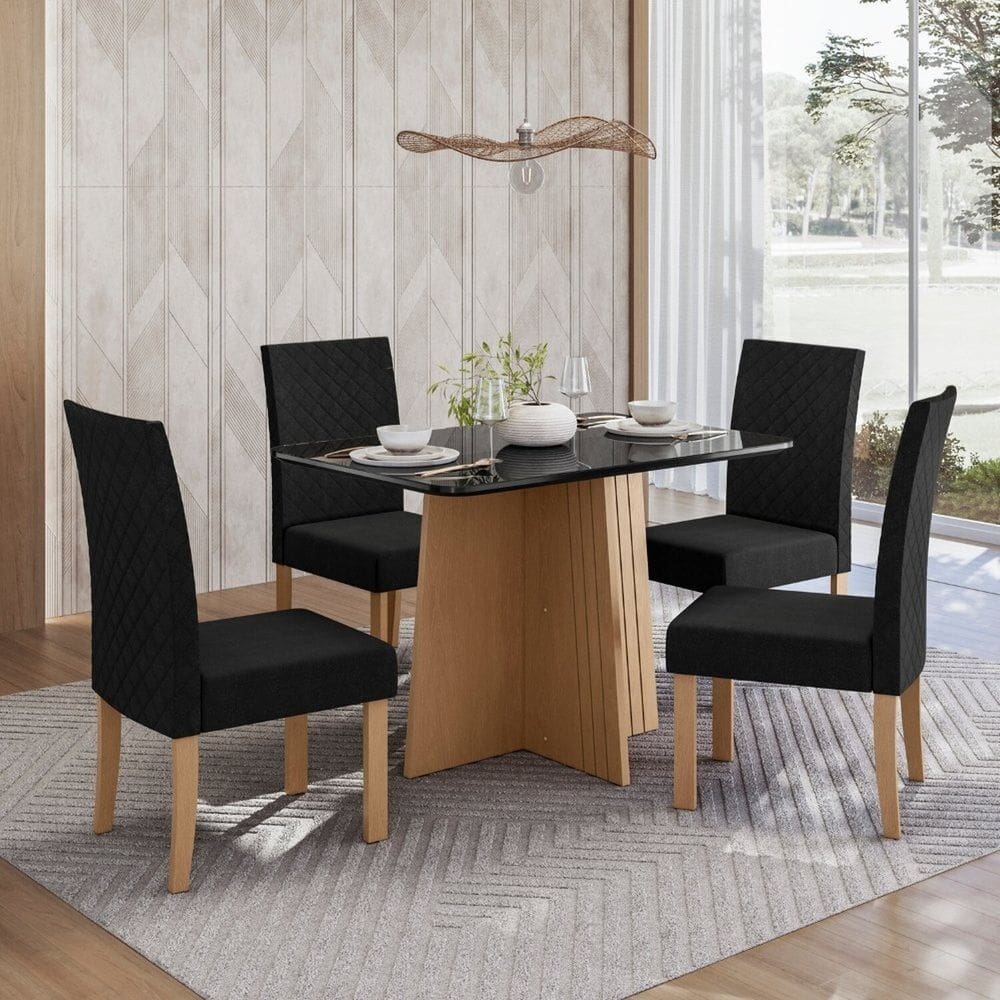 Sala Jantar Isa 120cm Vidro 4 Cadeiras Elegance Mel/Preto