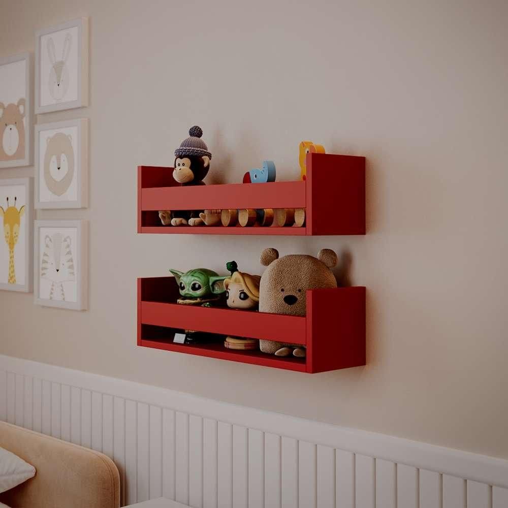 Kit 2 Prateleiras Porta Brinquedos Vermelha 60 x 12cm Suporte Invisivel