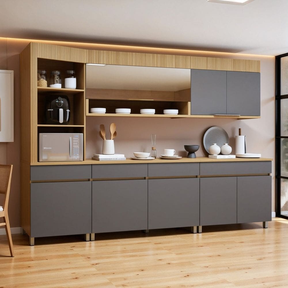 Cozinha Completa Modulada 5 Peças 8 Portas 4 Gavetas Torre Angular 100% Mdf Realeza Premium Carvalho/Titânio