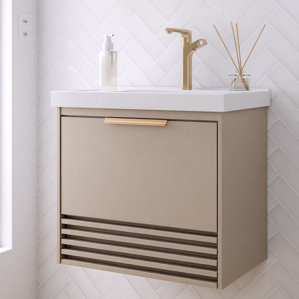 Gabinete para Banheiro 60cm com 1 Porta 1 Gaveta e Cuba de Embutir Paraty Cappuccino