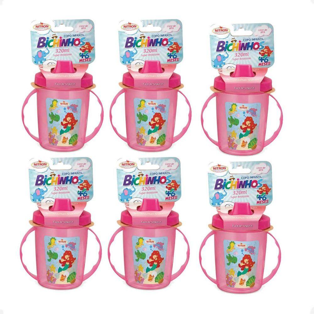 Kit 6 Copo Infantil Com Alças/Bico 320Ml 6 Meses Rosa