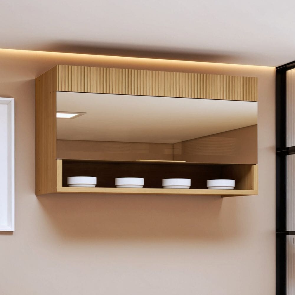 Armário Aéreo 1 Porta Basculante de Vidro Temperado e Nicho 120cm 100% Mdf Realeza Premium Carvalho