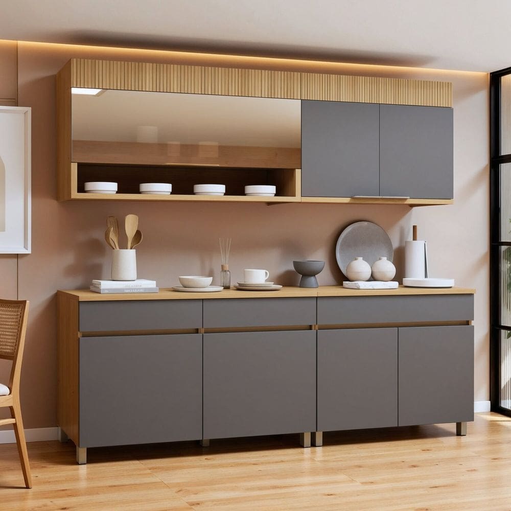 Cozinha Completa Modulada 4 Peças 7 Portas 3 Gavetas 100% Mdf Realeza Premium Carvalho/Titânio