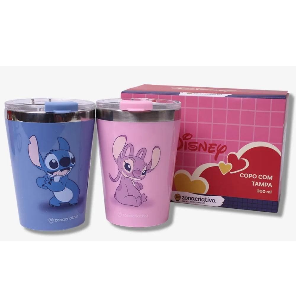 Kit 2 Copos Inox Parede Dupla Tampa 300Ml Stitch Angel - Zc