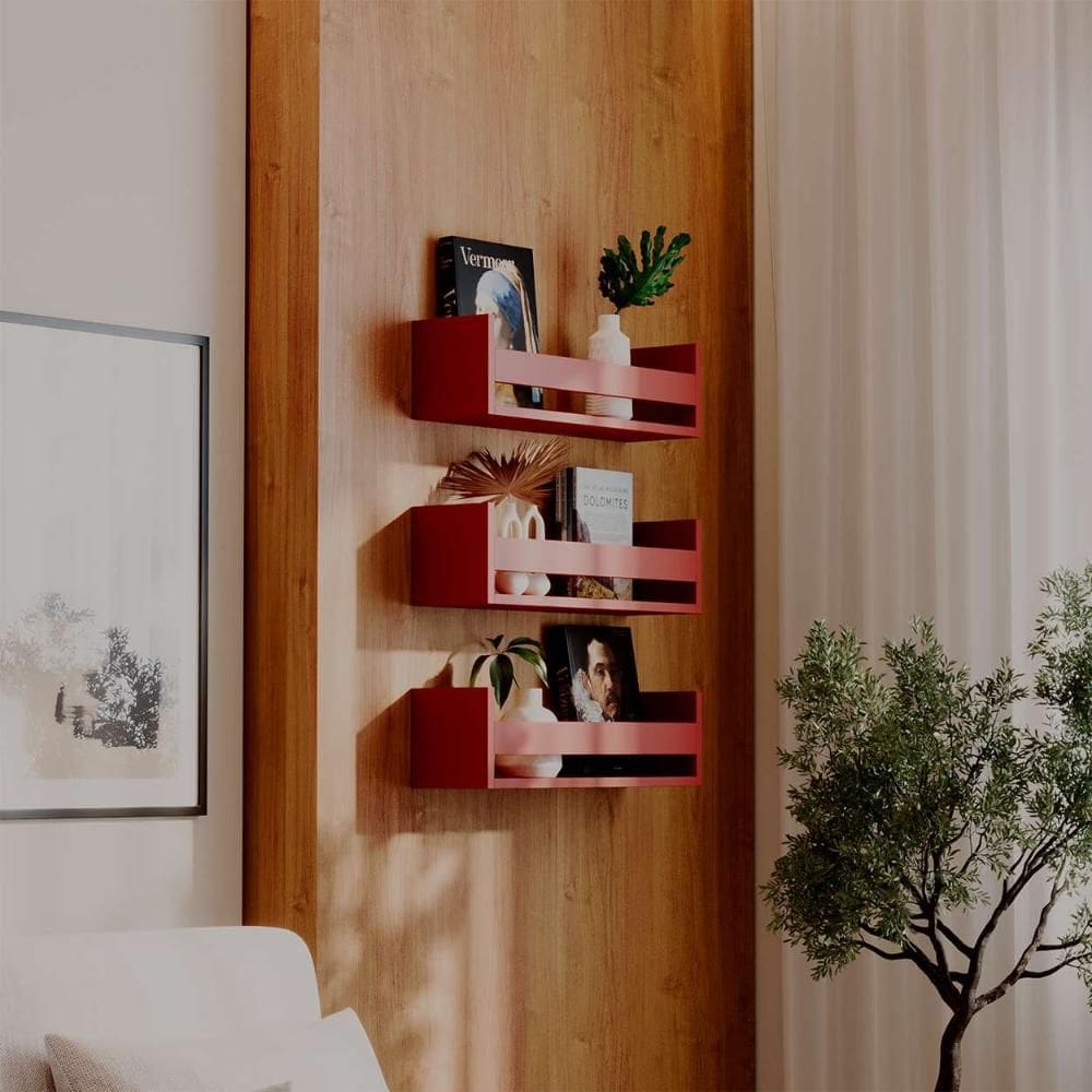 Kit 3 Prateleiras Porta Objetos Vermelha 70 x 12cm Suporte Invisivel