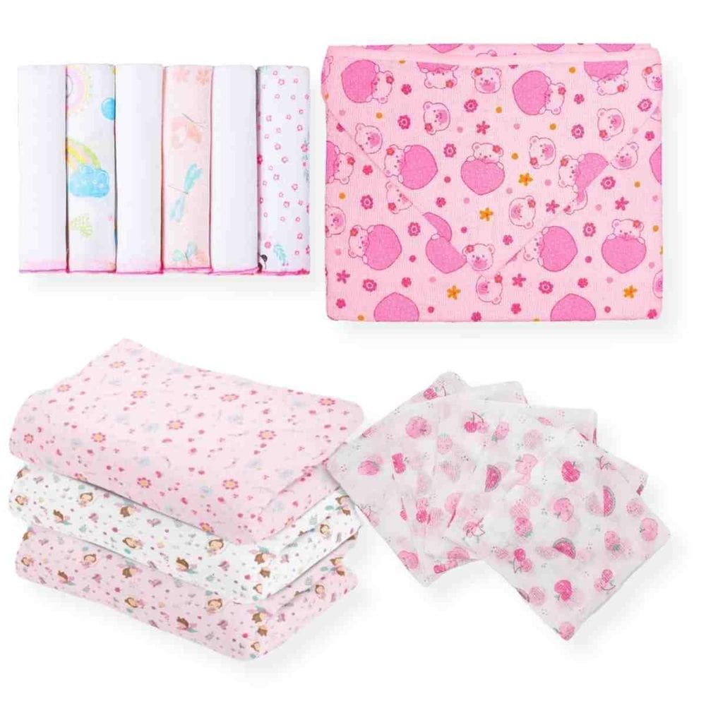 15Uni Enxoval Bebê Rosa Completo Fralda Cueiro Pano Toalha