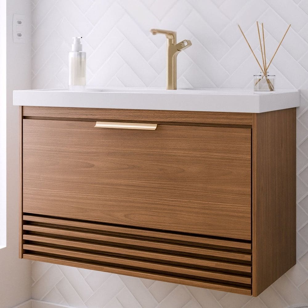 Gabinete para Banheiro 80cm com 1 Porta 1 Gaveta e Cuba de Embutir Paraty Freijó