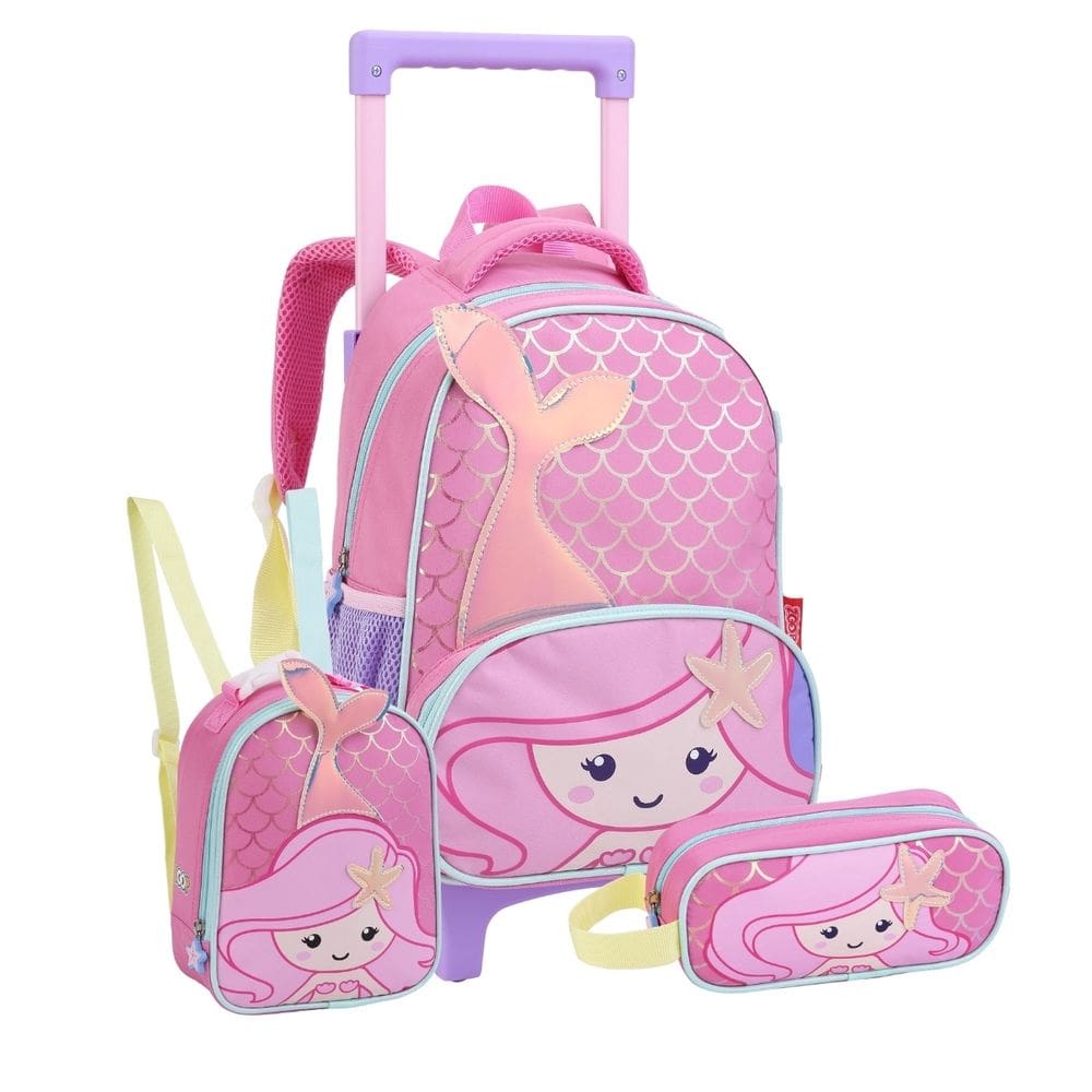 Mochila De Rodinhas Sereia  Lancheira Térmica Estojo Simples