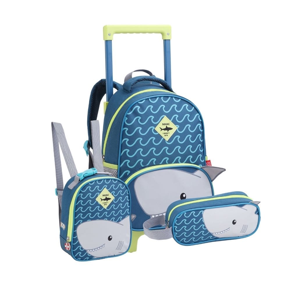 Mochila De Rodinhas Lancheira Térmica Estojo Simples Tubarão