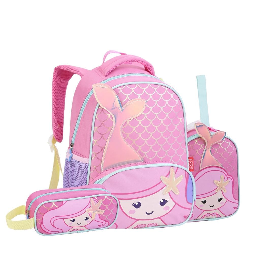 Mochila Costas Lancheira Térmica Estojo Sereia Creche