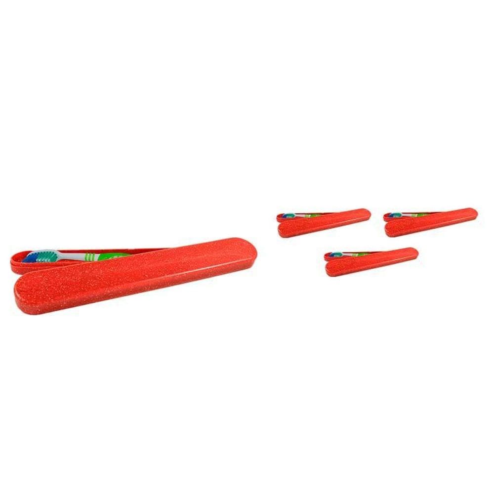 Kit 4 Porta Escova Dental Fibra Madeira Vermelho