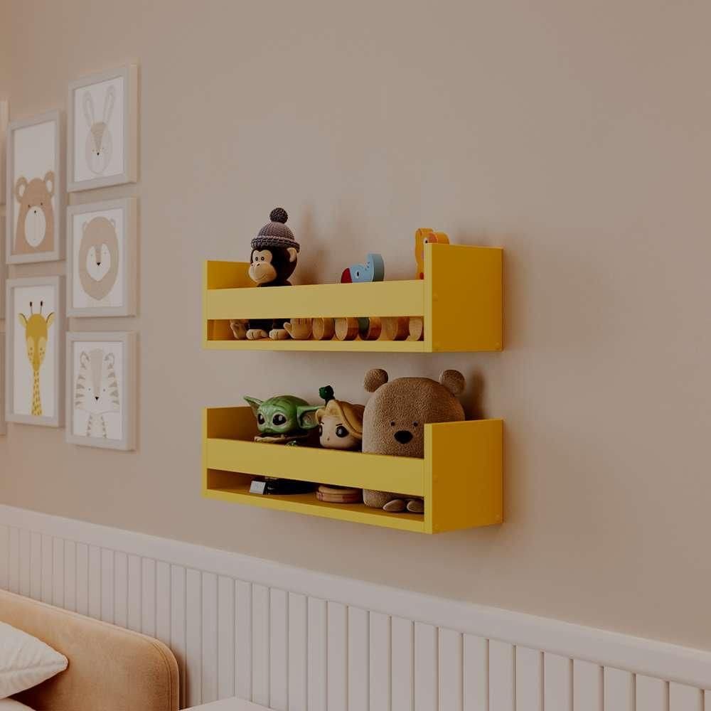 Kit 2 Prateleiras Porta Brinquedos Amarela 60 x 12cm Suporte Invisivel