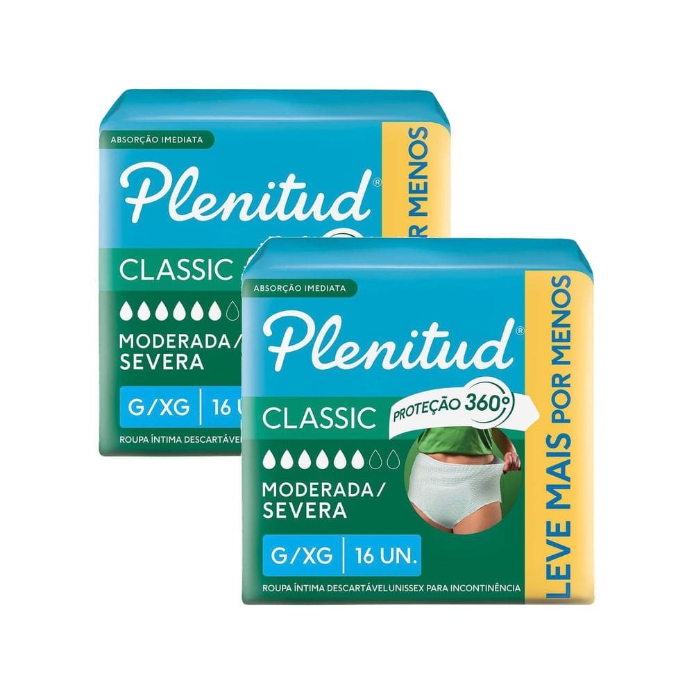 Kit 2 Roupa Íntima Plenitud Classic para Incontinência Moderada Severa Tamanho G/XG 16 Unidades Leve Mais Por Menos