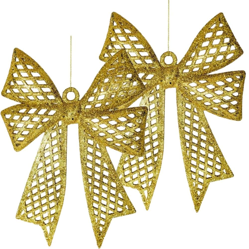 Kit 8 Enfeites Árvore De Natal Laço Dourado Glitter 24cm