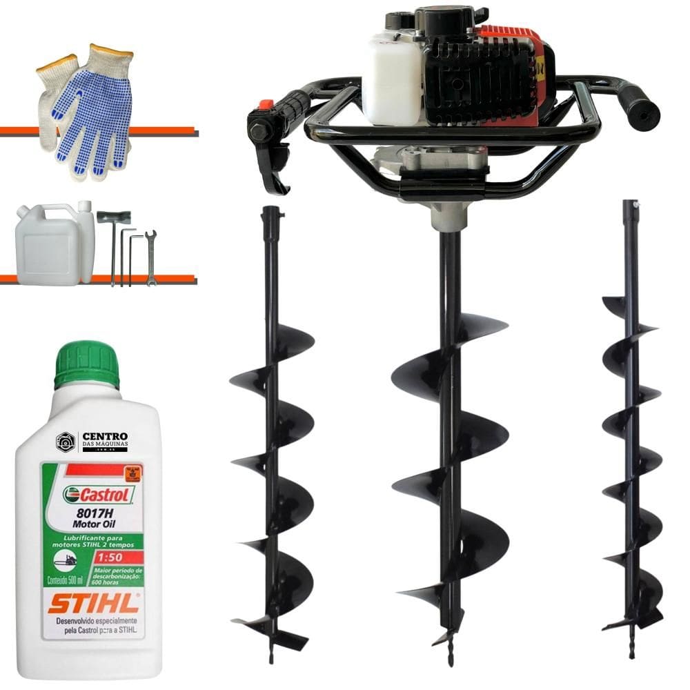 Perfurador de Solo Vant VPS-52 À Gasolina Motor 2T 52cc 2HP 6.500rpm Empunhadura Ergonômica + Brocas 80x10, 80x15 e 80x20 + ÓLEO STIHL 2T