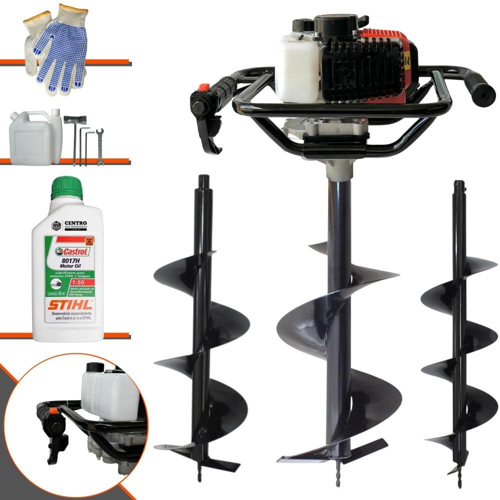 Perfurador de Solo Profissional Vant VPS-52 À Gasolina 2HP de Potência 52cc 6.500rpm + Conjunto de Brocas 80x20, 80x25 e 80x30 + ÓLEO STIHL 2T