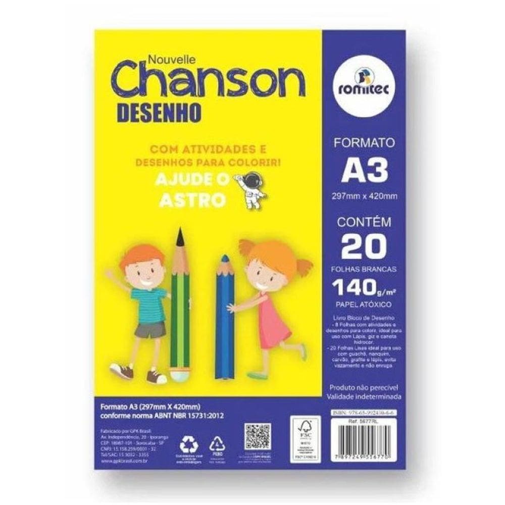 Bloco De Desenho Chanson A3 Com 20 Folhas 140 G/M² Branco 30×42 Cm