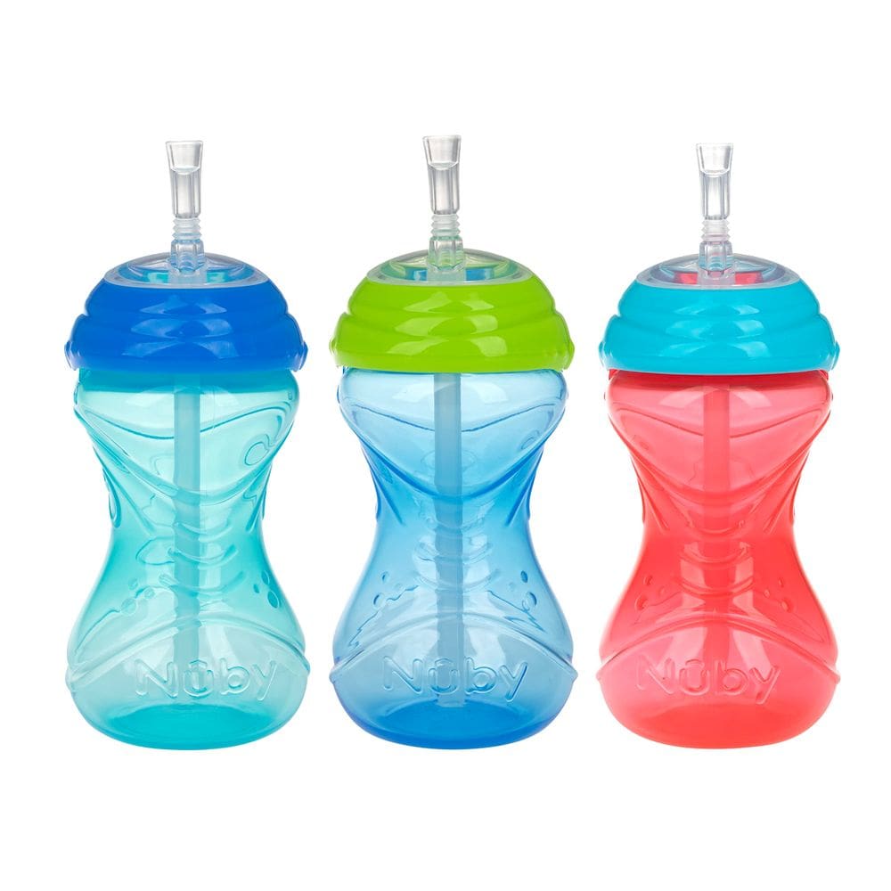 Copo Nuby No-Spill Easy Grip com canudo flexível 300 ml, 3 unidades para meninos, mais de 1 ano