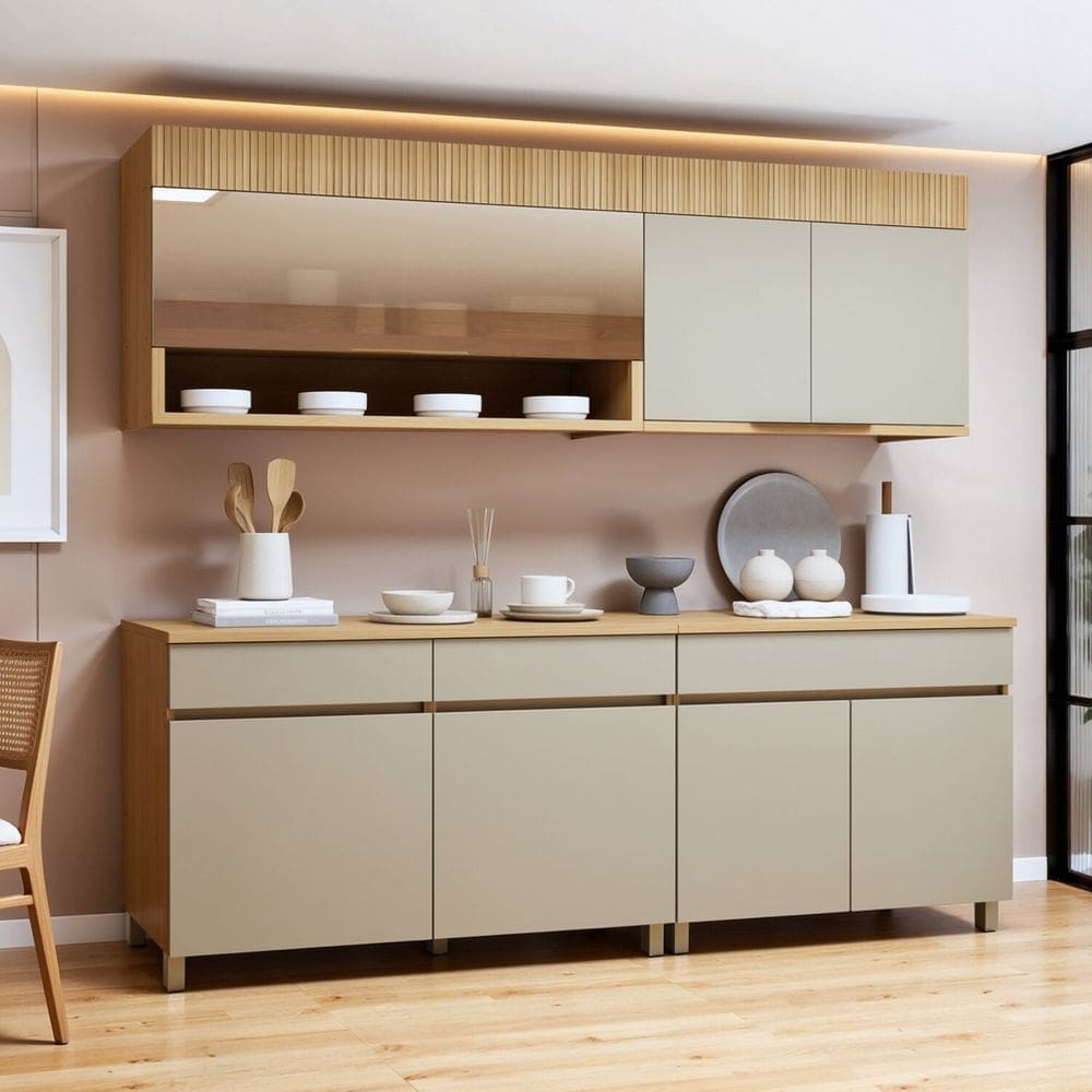 Cozinha Completa Modulada 4 Peças 7 Portas 3 Gavetas 100% Mdf Realeza Premium Carvalho/Greige