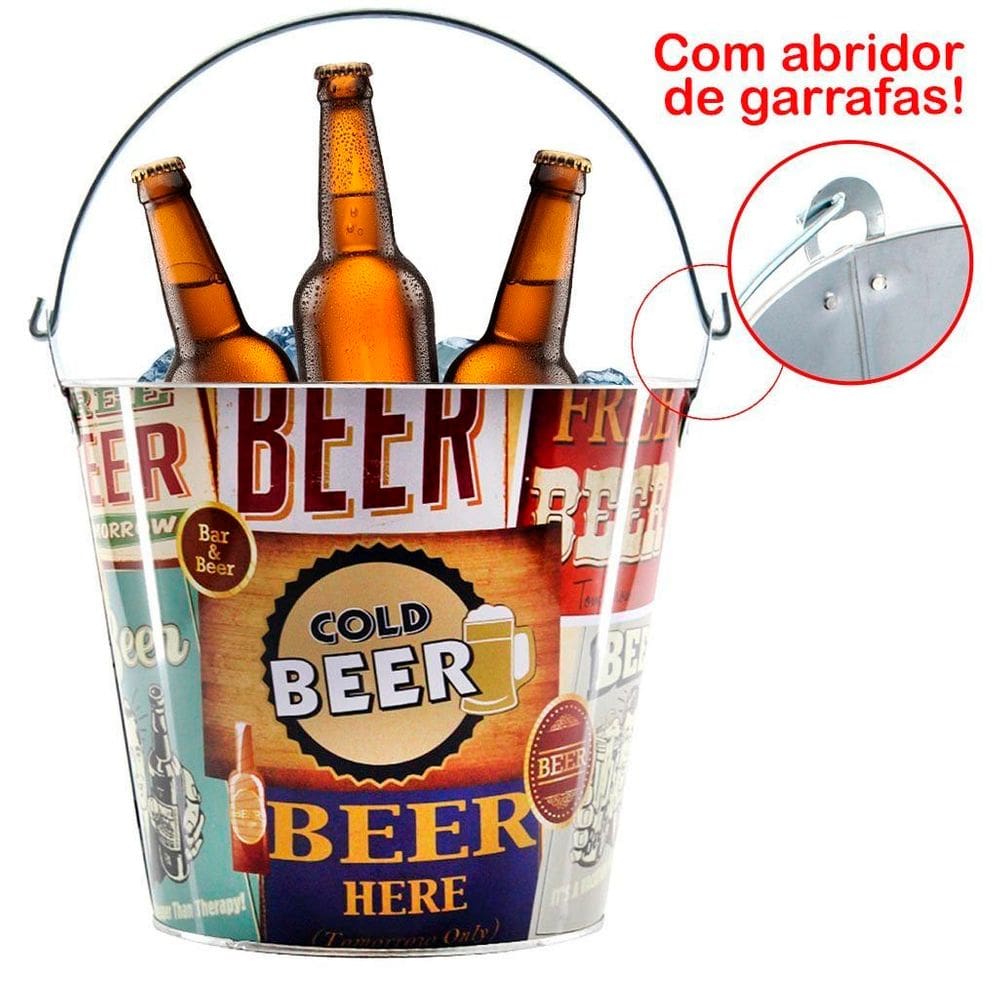 Balde De Gelo Para Cerveja Estampado Em Metal Galvanizado Com Abridor 7,6 Litros
