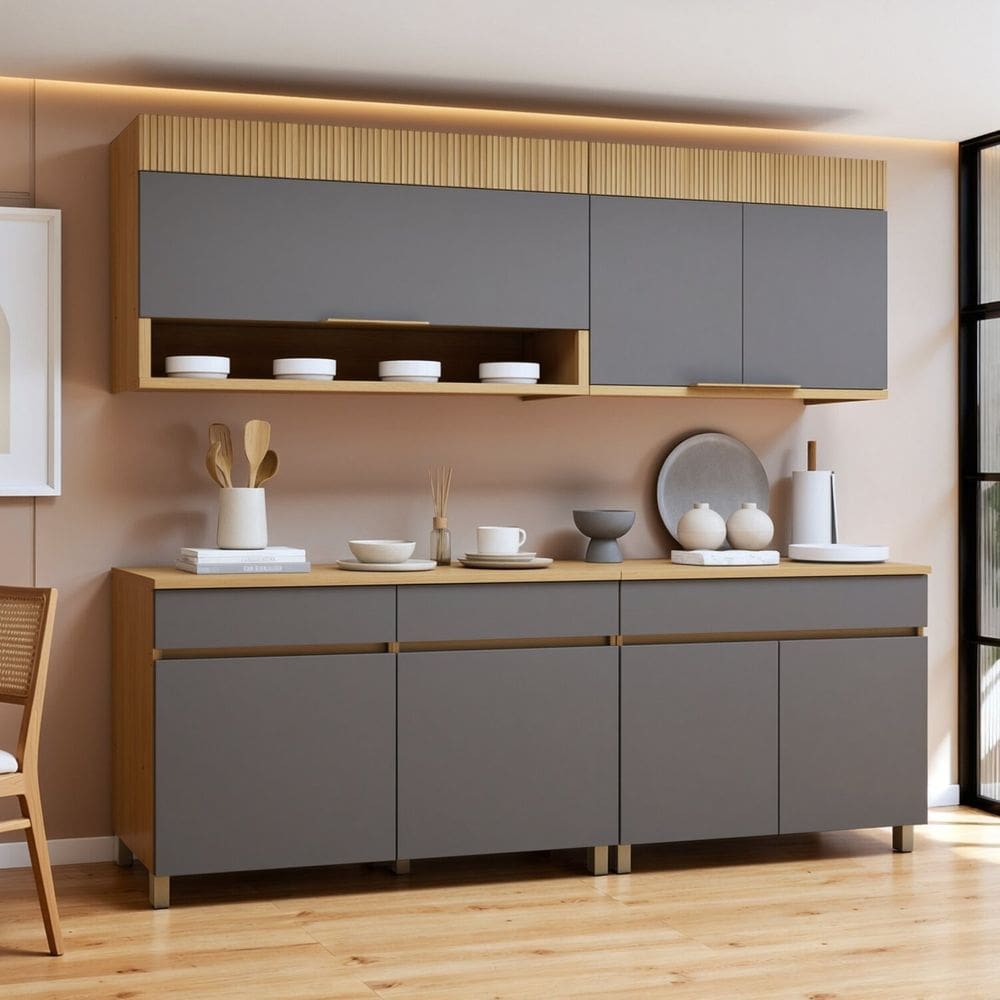 Cozinha Completa Modulada 4 Peças 7 Portas 3 Gavetas 100% Mdf Realeza Premium Carvalho/Titânio