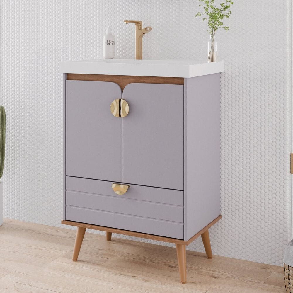 Gabinete para Banheiro 60cm com 2 Portas 1 Gaveta e Cuba de Embutir Trancoso Platina