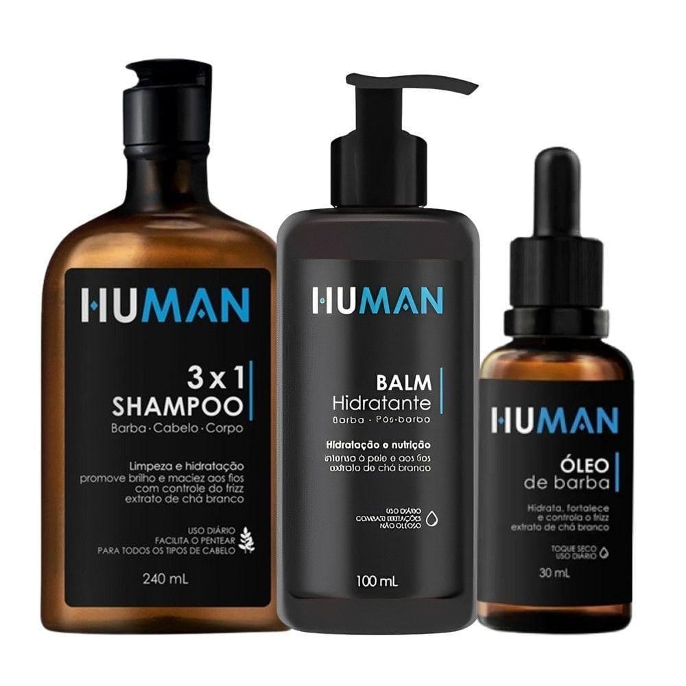 Kit Shampoo 3×1 240ml E Creme Balm Pós Barba Com óleo Hidratante Human 30ml