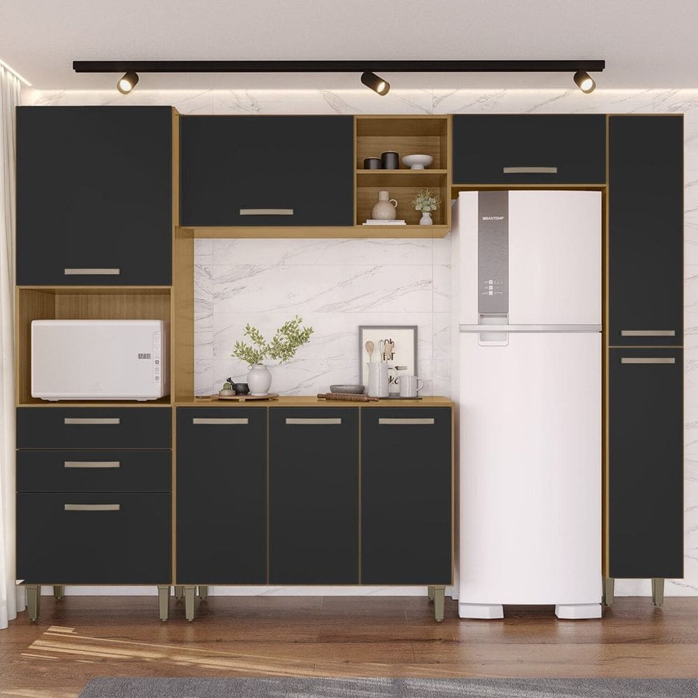 Cozinha Completa Modulada 205x265cm Íris Carvalho/Preto