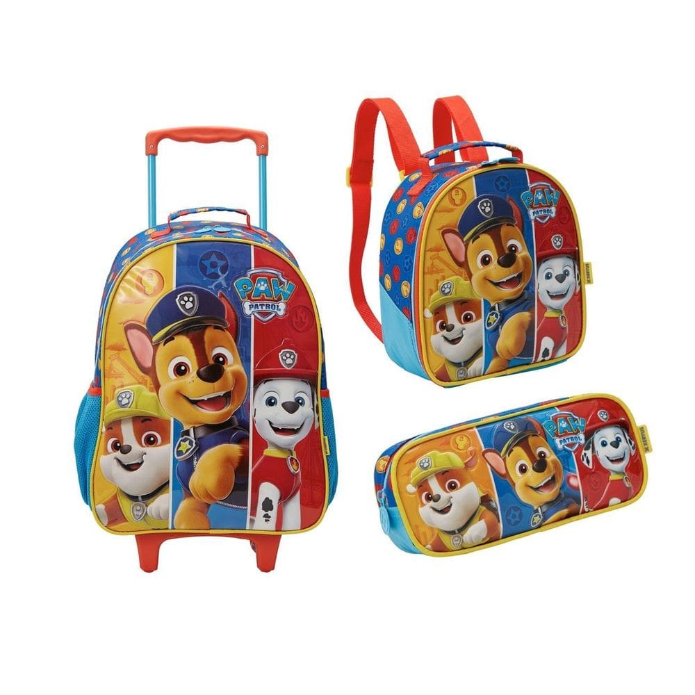 Kit Mochila Carrinho E Rodas Lancheira E Estojo Patrulha