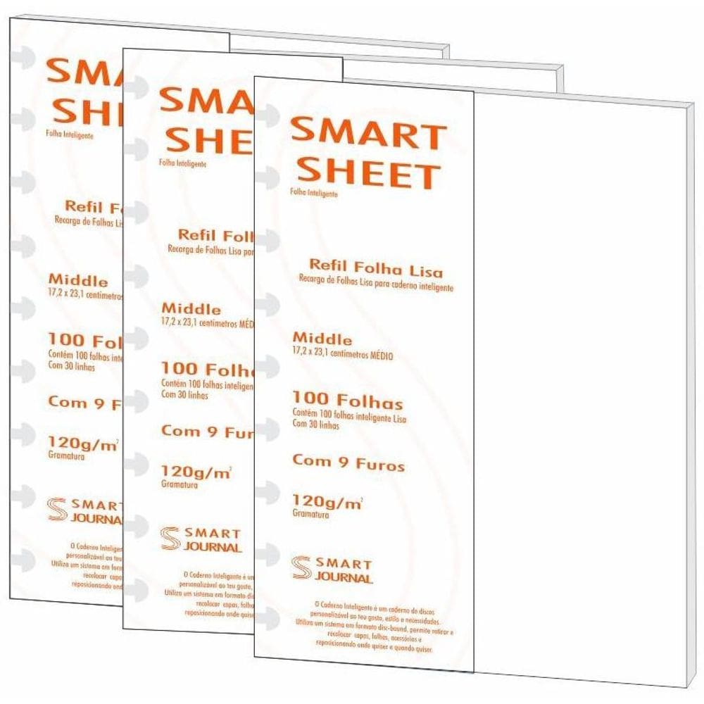 Kit 3 Refil Caderno Inteligente 120G 100 Folhas Liso Medio