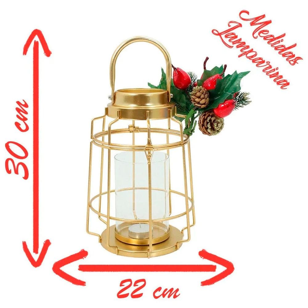 Lamparina Luminária Natal Dourada Em Metal Decorativa 30cm