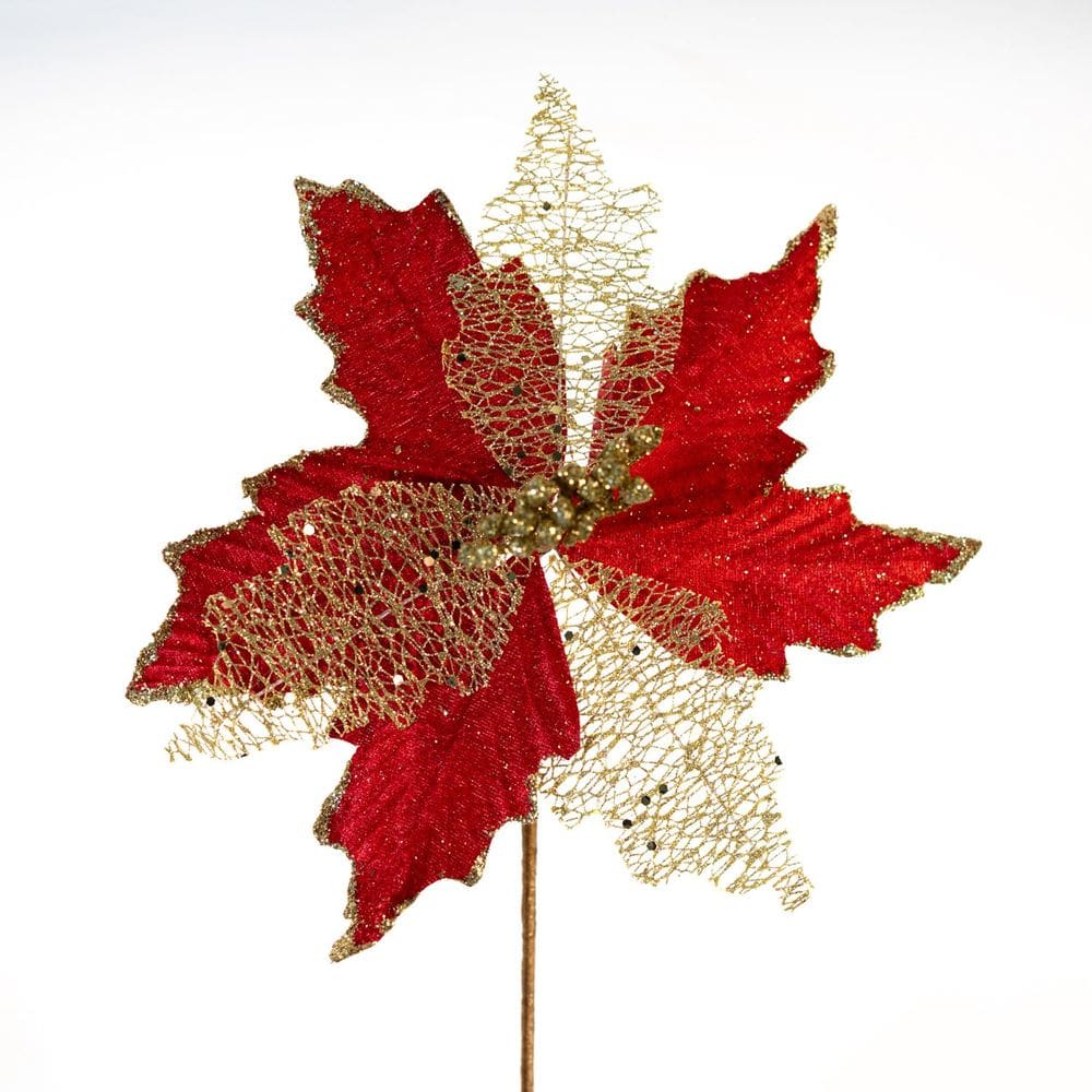 Kit 4 Flores Com Cabo Artificial Brilho Natal Vermelha 24cm