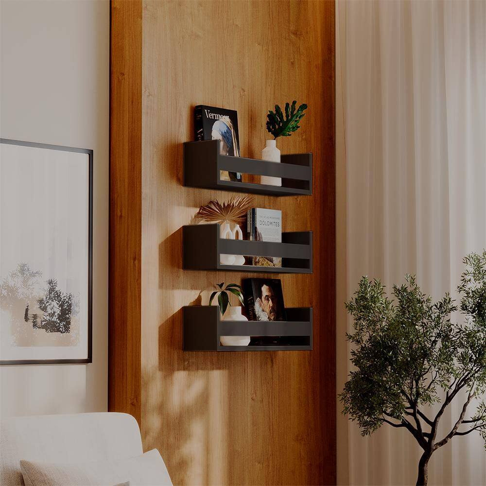 Kit 3 Prateleiras Porta Livros Preta 60 x 12cm Suporte Invisivel
