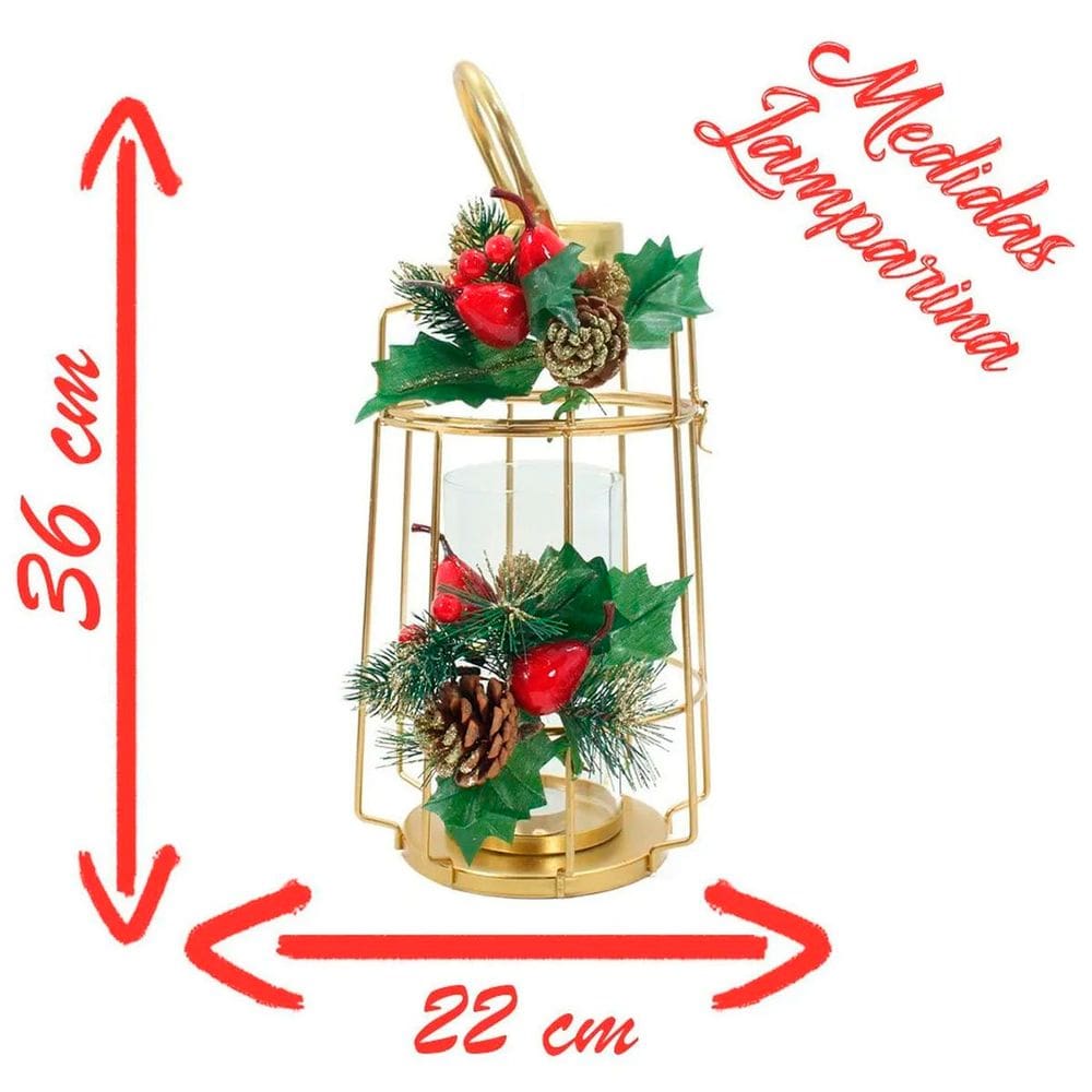 Lamparina Luminária Natal Dourada Em Metal Decorativa 36cm