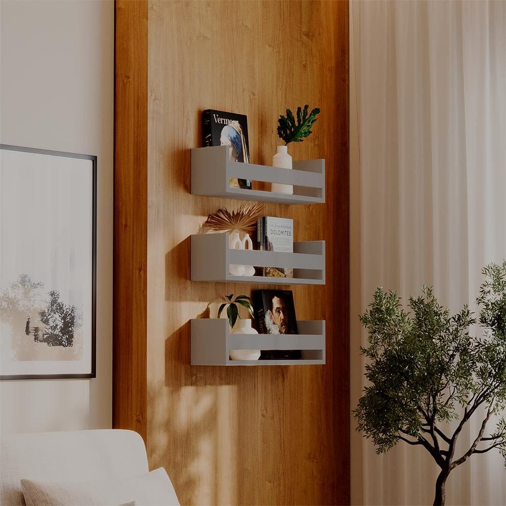 Kit 3 Prateleiras Porta Livros Cinza Claro 60 x 12cm Suporte Invisivel