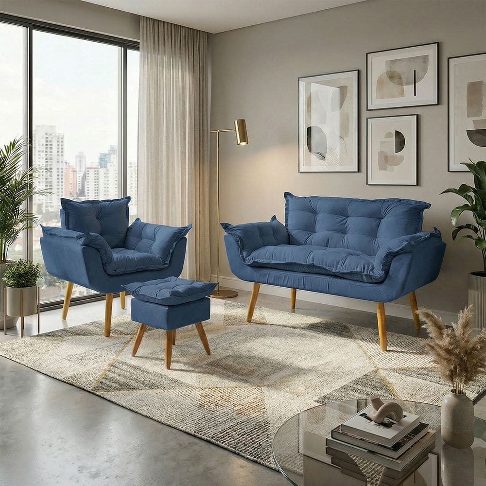 Kit Namoradeira Poltrona e Puff Decorativo Para Sala Recepção Manicure Consultório Alice Tecido Suede