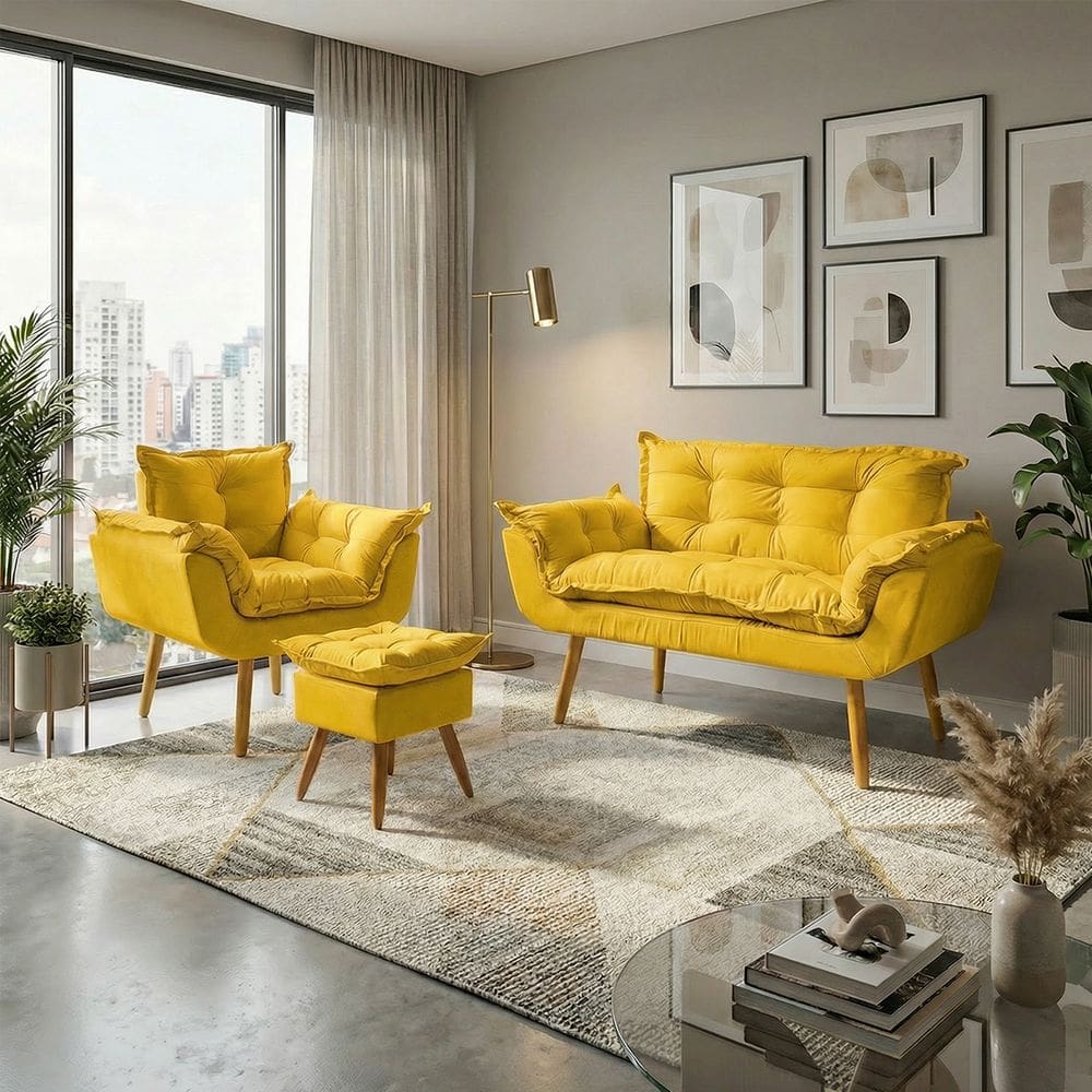 Kit Namoradeira Poltrona e Puff Decorativo Para Sala Recepção Manicure Consultório Alice Tecido Suede