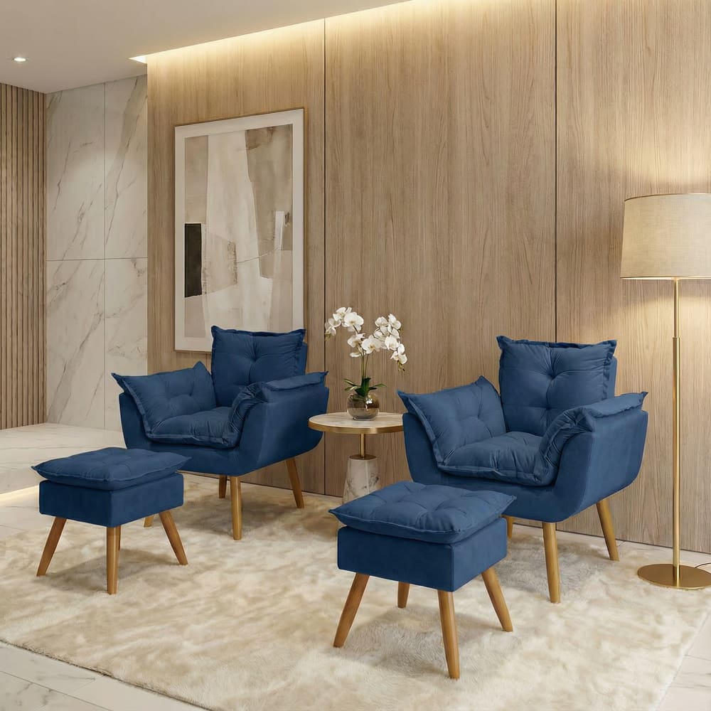 Kit 2 Poltronas Decorativa e 2 Puffs Para Sala Recepção Manicure Consultório Quarto Alice Tecido Suede