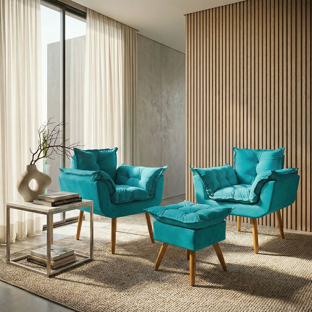 Kit 2 Poltronas Decorativa e Puff Para Sala Recepção Manicure Consultório Quarto Alice Tecido Suede