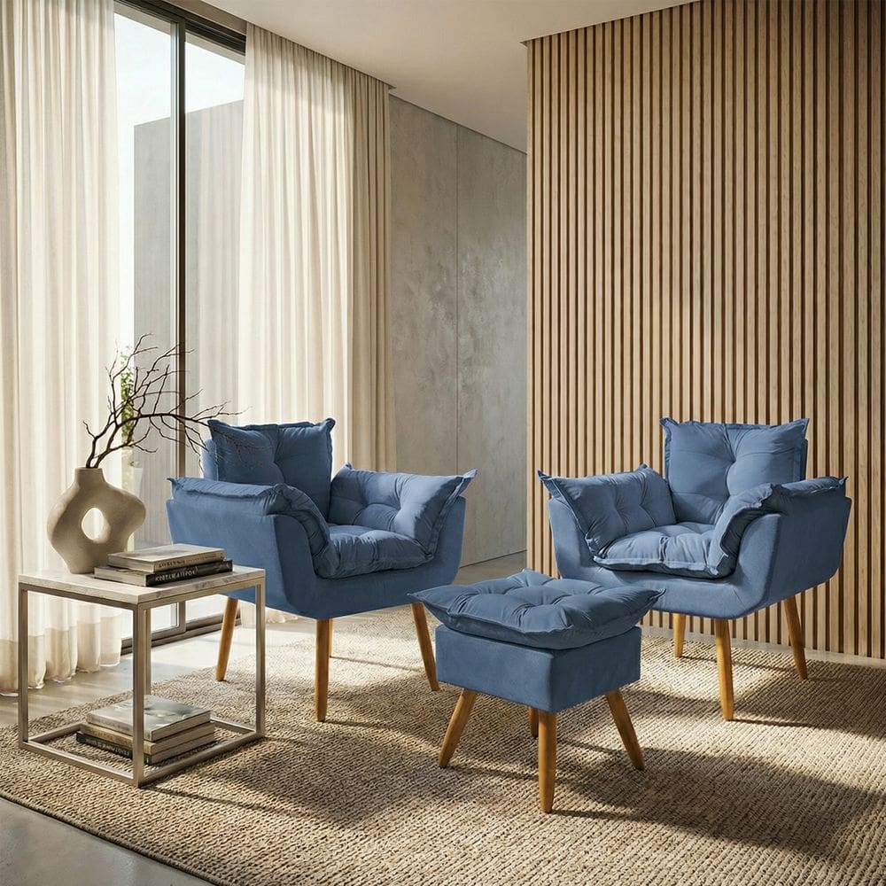 Kit 2 Poltronas Decorativa e Puff Para Sala Recepção Manicure Consultório Quarto Alice Tecido Suede