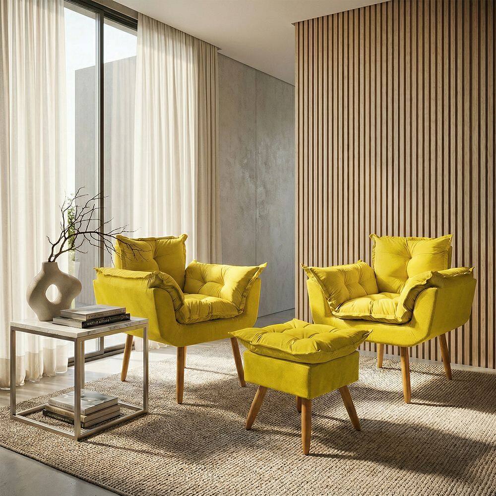 Kit 2 Poltronas Decorativa e Puff Para Sala Recepção Manicure Consultório Quarto Alice Tecido Suede