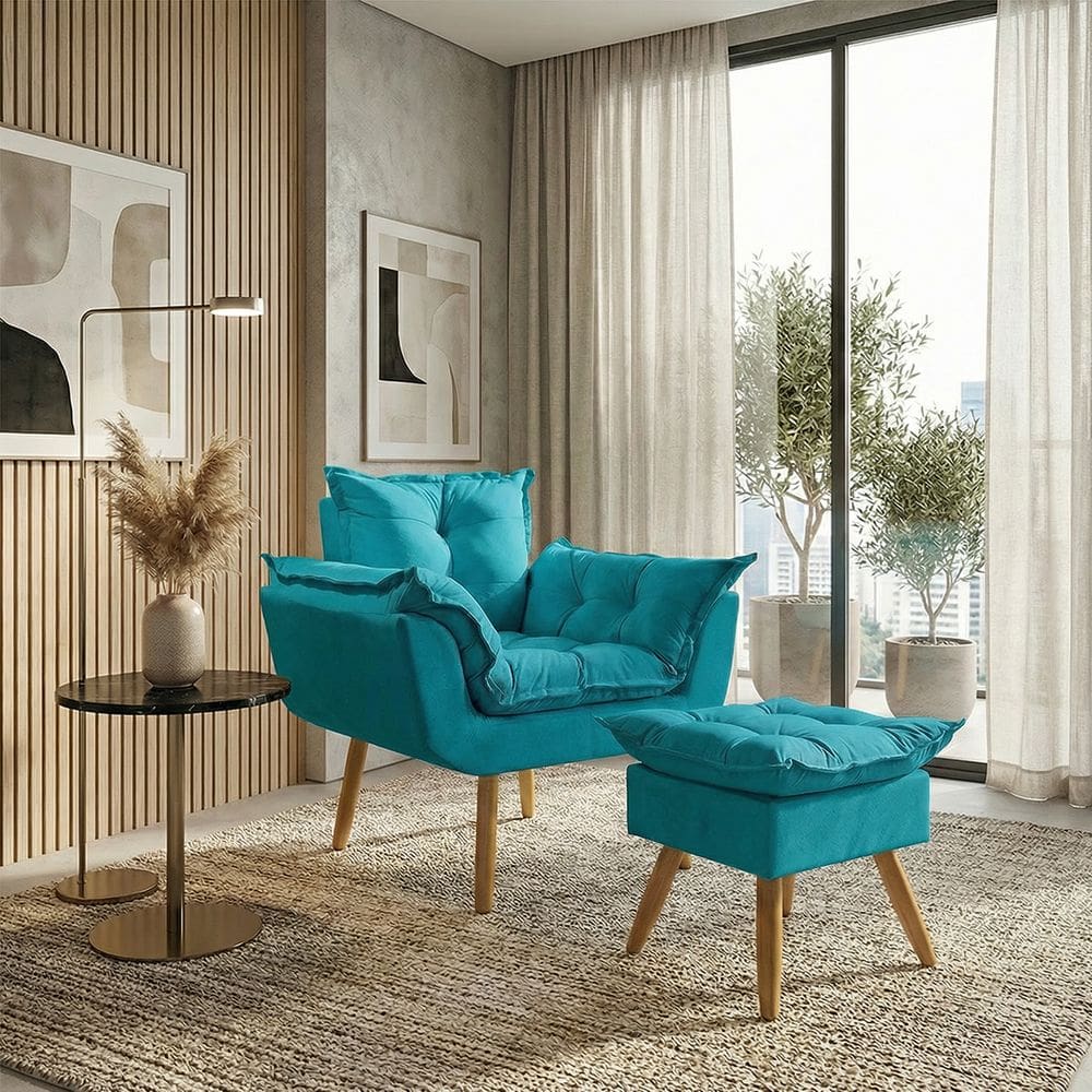 Kit Poltrona e Puff Alice Decorativa Confortável Para Sala Recepção Manicure Quarto Consultório Tecido Suede