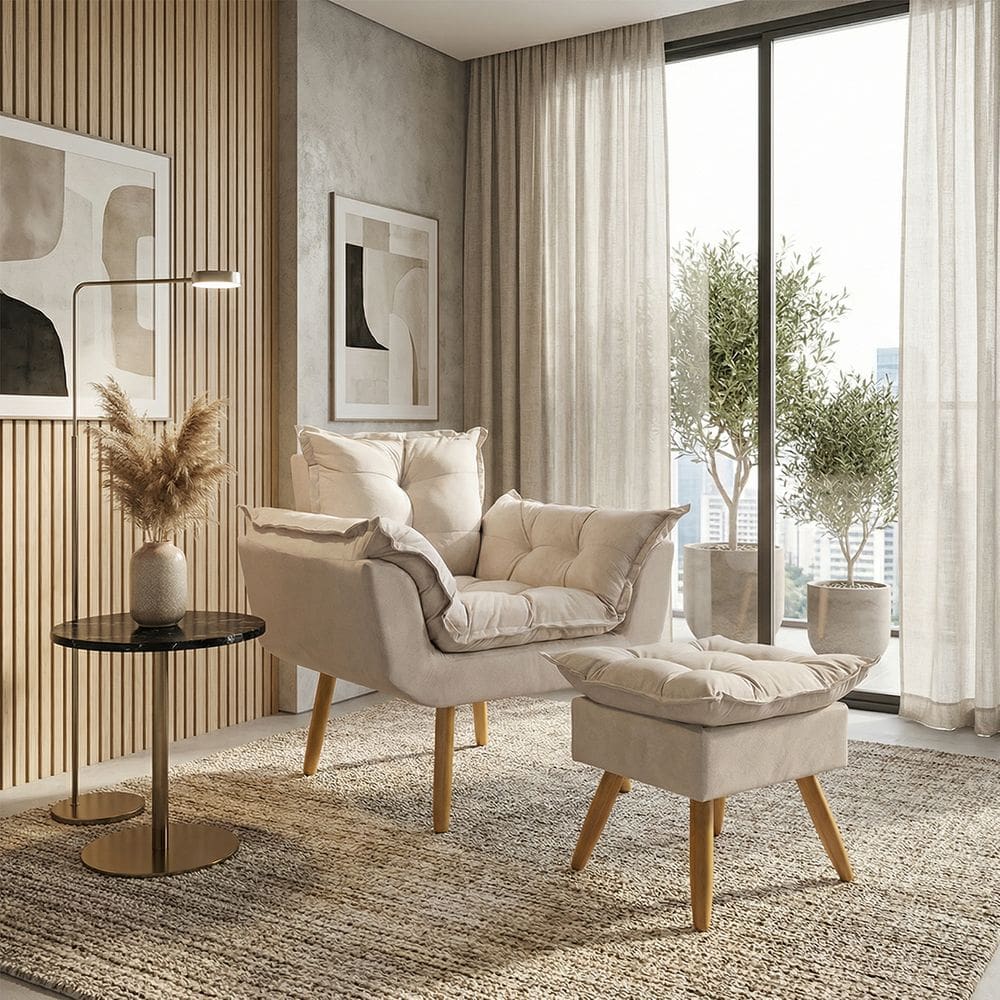 Kit Poltrona e Puff Alice Decorativa Confortável Para Sala Recepção Manicure Quarto Consultório Tecido Suede