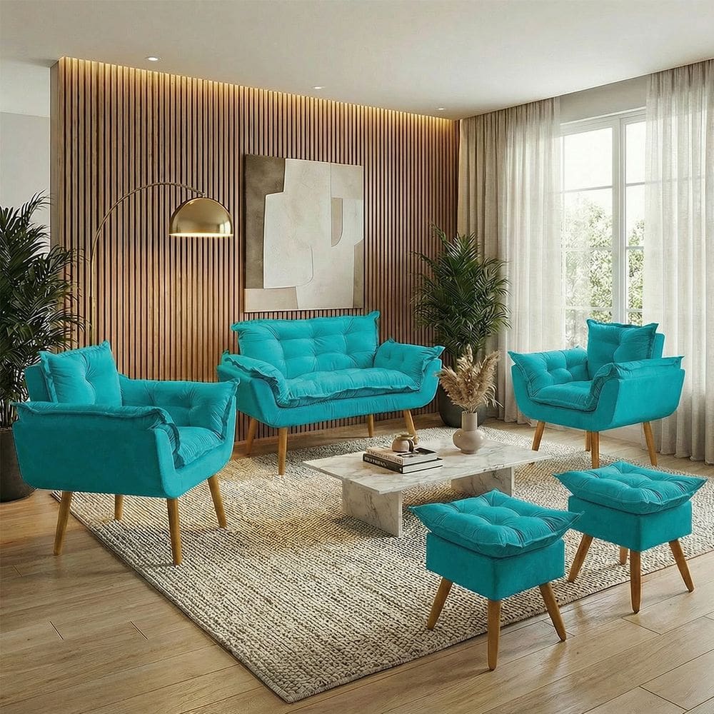 Kit Namoradeira 2 Poltronas e 2 Puffs Confortável Para Sala Recepção Manicure Consultório Alice Suede