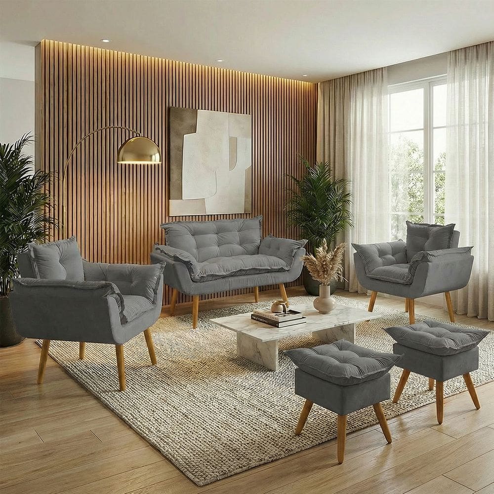 Kit Namoradeira 2 Poltronas e 2 Puffs Confortável Para Sala Recepção Manicure Consultório Alice Suede