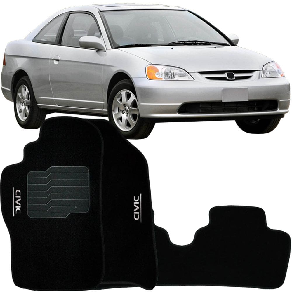 Tapete Carpete Civic 2001 à 2006 Preto Logo Bordado Jogo 3 Peças Personalizado Automotivo