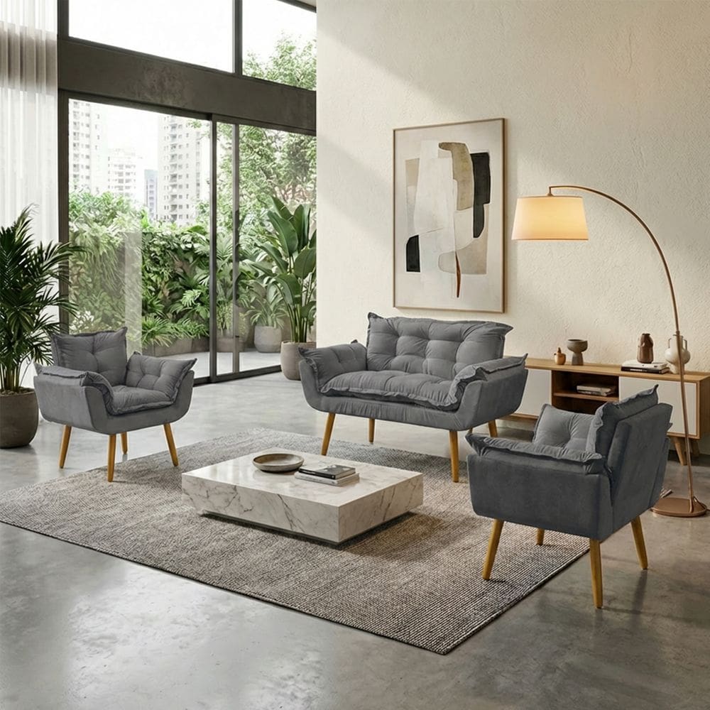 Kit Namoradeira Decorativa E 2 Poltronas Confortável Para Sala Recepção Manicure Consultório Escritório Alice Tecido Suede